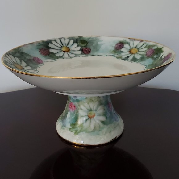 Vtg Hand Painted Porcelain Pedestal Trinket Dish Jewellery Tray Mini Fruit Bowl - Picture 3 of 7